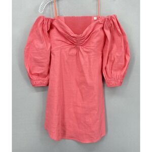 ALC Mini Dress 0 Pink Off Shoulder Puff Sleeve Linen Blend Smocked Resort